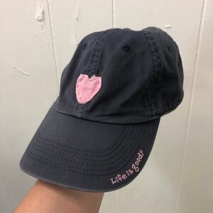 Life is Good pink heart embroidered navy cotton cap